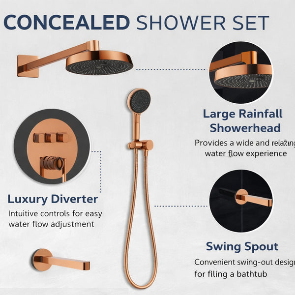 BASSINO PURE Concealed Shower Set – 3 Way Diverter with Overhead, Hand Shower & Spout | Rose Gold