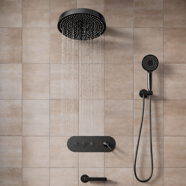 BASSINO PEARL Concealed Shower Set – 3 Way Diverter with Overhead & Hand Shower Black