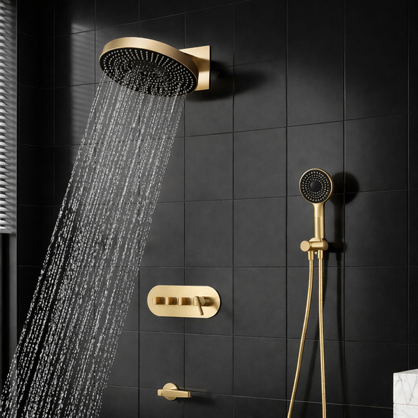 BASSINO PEARL Concealed Shower Set – 3 Way Diverter with Overhead & Hand Shower Gold