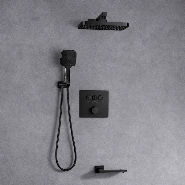 BASSINO PLATO Concealed Shower Set – Thermostatic 3 Way Diverter with Overhead & Hand Shower | 3 Years Warranty Black