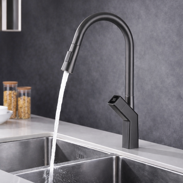 BASSINO KOSTA Smart Kitchen Faucet – Pull-Out Spray with Digital Temperature Display | Hot & Cold | 3 Years Warranty Grey