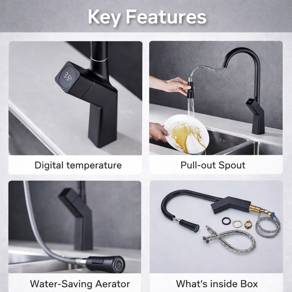BASSINO KOSTA Smart Kitchen Faucet – Pull-Out Spray with Digital Temperature Display | Hot & Cold | 3 Years Warranty Grey