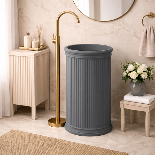 Artificial Stone Pedestal Basin – Grey Designer Floor Mounted Wash Basin | 18.5″ × 18.5″ × 34″ In