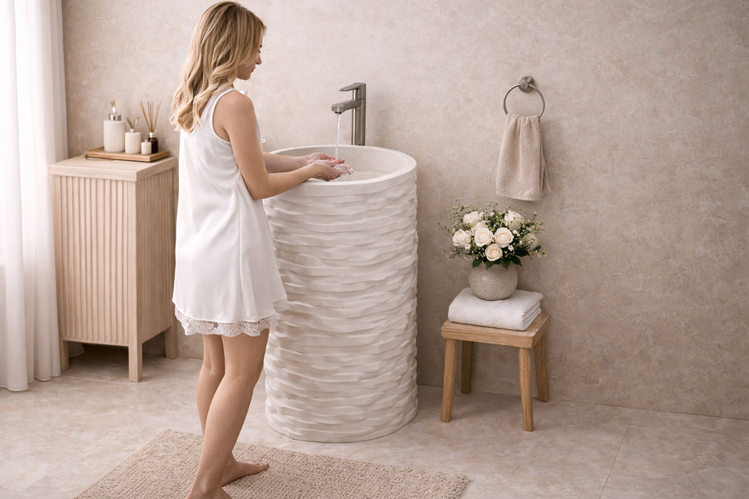 Artificial Stone Pedestal Basin – Matt Ivory Sculpted Texture Floor Mounted Basin | 18.5″ × 18.5″ × 34″ In