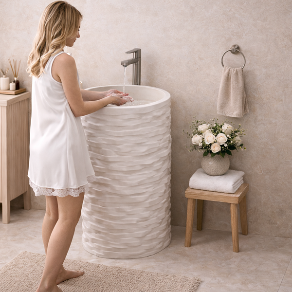 Artificial Stone Pedestal Basin – Matt Ivory Sculpted Texture Floor Mounted Basin | 18.5″ × 18.5″ × 34″ In