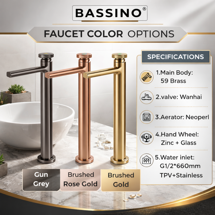 Premium Brass Tall Basin Mixer Tap, Brushed Gold Finish, Tall Size (NCGF 507) – 5 Years Warranty