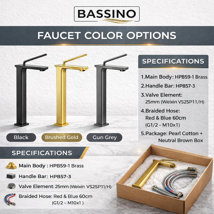 Premium Brass Tall Basin Mixer Tap, Gun Grey Finish, Tall Size (NCGF 506) – 5 Years Warranty