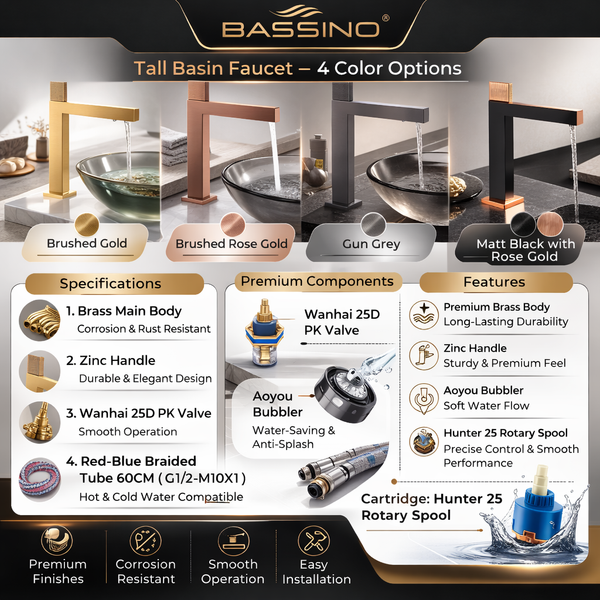 Premium Brass Tall Basin Mixer Faucet, Brushed Rose Gold Finish (Hot & Cold) NCGF-516 – 5 Years Warranty