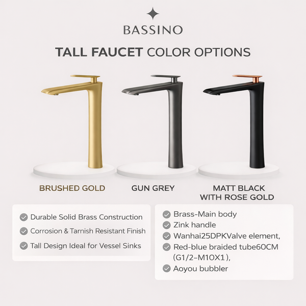 BASSINO Premium Tall Basin Mixer Faucet (Hot & Cold) | Brass Body | Deck Mounted | Luxury Finish – 5 Years Warranty Brushed Gold