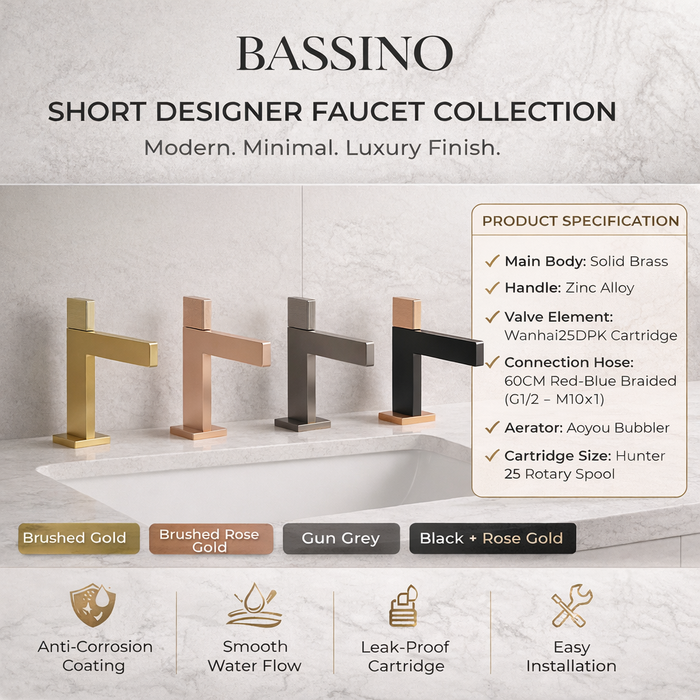 BASSINO Premium Short Basin Mixer Faucet (Hot & Cold)| Brass Body – 5 Years Warranty Black