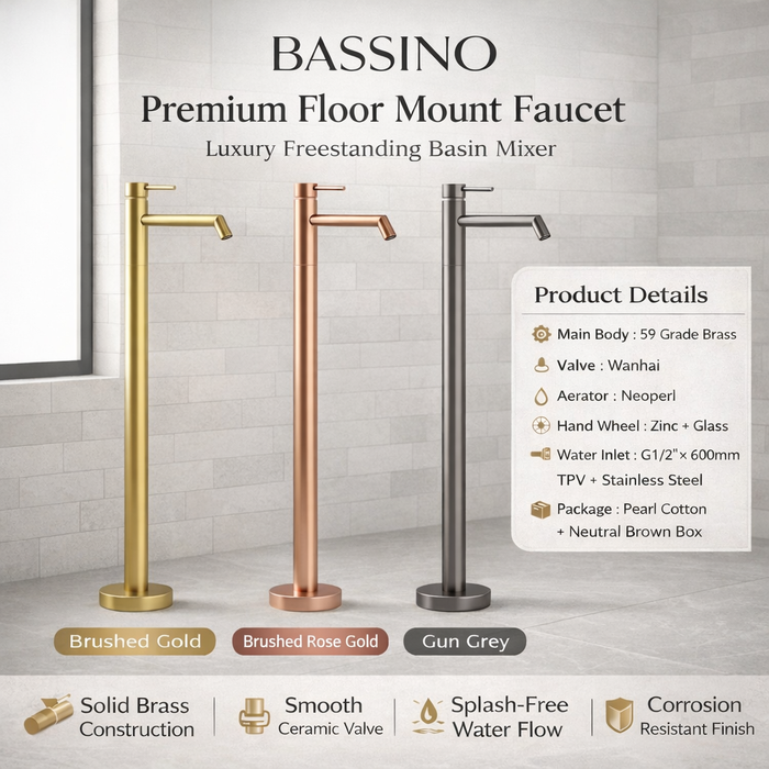 BASSINO Floor Standing Basin Mixer Tap – Brushed Rose Gold | Premium Freestanding Faucet - 5 Years Warranty Brushed Gold