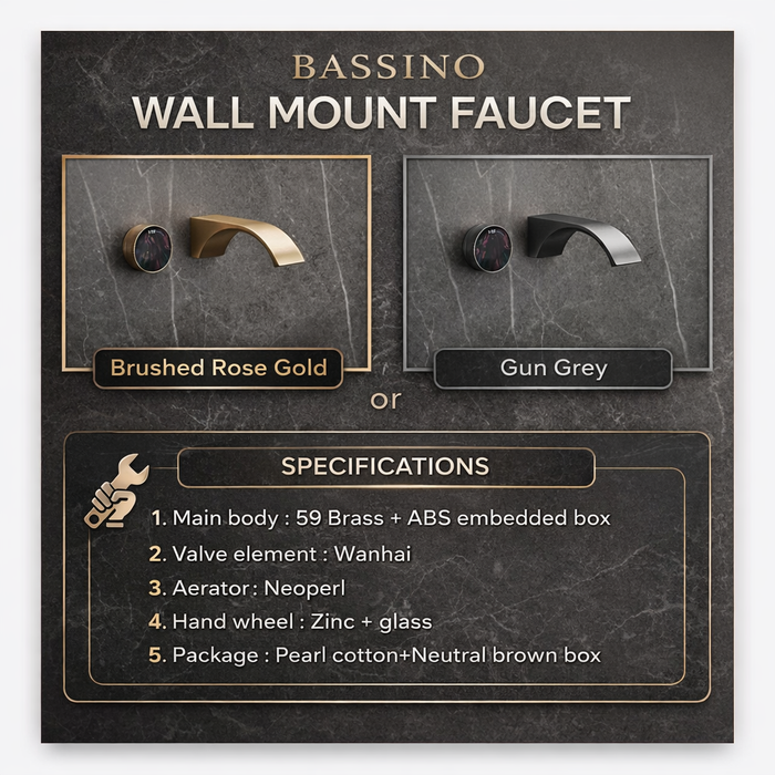 BASSINO Wall Mount Basin Mixer | 59 Brass Concealed Body with ABS Embedded Box | Wanhai Valve | Neoperl Aerator - 5 Years Warranty Gun Grey