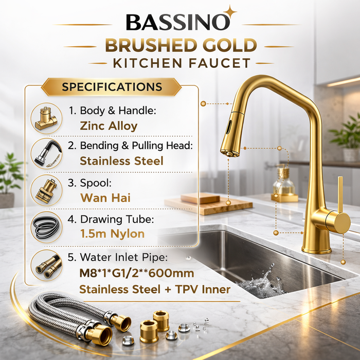 BASSINO Pull Down Kitchen Mixer Tap – Brushed Gold | Single Lever | Flexible Spray | Stainless Steel Pull Head | Modern Kitchen Faucet - 5 years Warranty