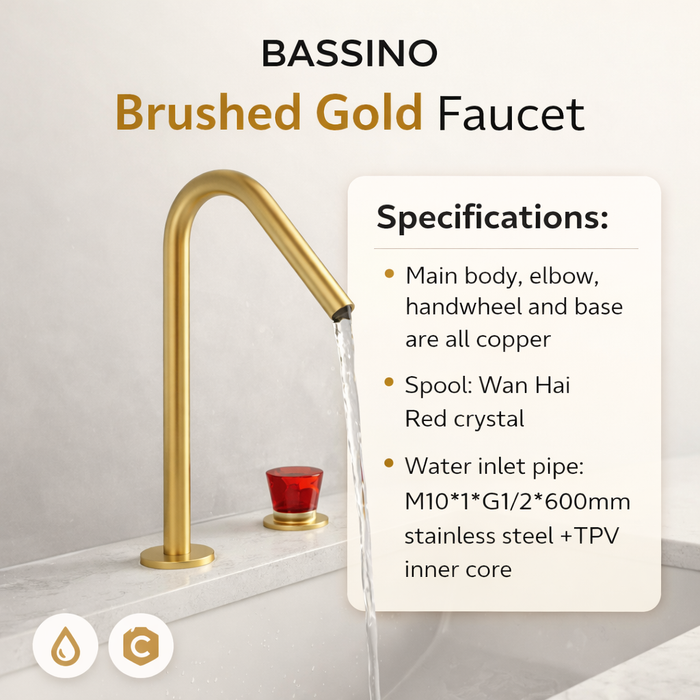 BASSINO Deck Mount Basin Mixer Tap – Brushed Gold | Crystal Handle | Luxury Single Lever Bathroom Faucet 273mm - 5 Years Warranty