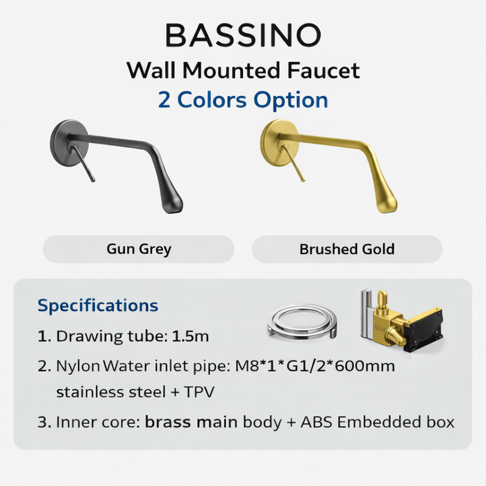 BASSINO Wall Mount Basin Mixer Tap | Brass Body | Modern faucet - 5 Years Warranty Brushed Gold