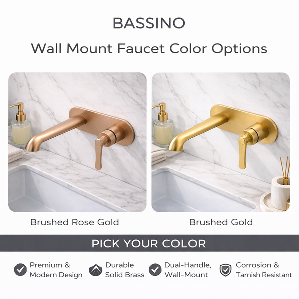 BASSINO Luxury Wall Mount Basin Mixer Tap Modern Concealed Bathroom Faucet 5 Years Warranty Brushed Gold