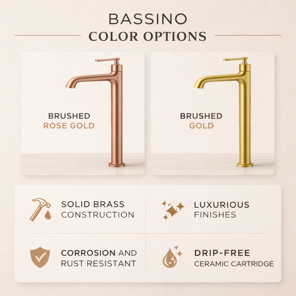 BASSINO Luxury Tall Basin Mixer Tap Modern Faucet | 5 Years Warranty Brushed Gold