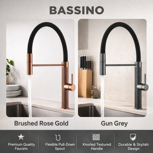 BASSINO Luxury Pull-Down Kitchen Faucet Collection | Modern Kitchen Mixer Tap | 5 Years Warranty Brushed Rose Gold
