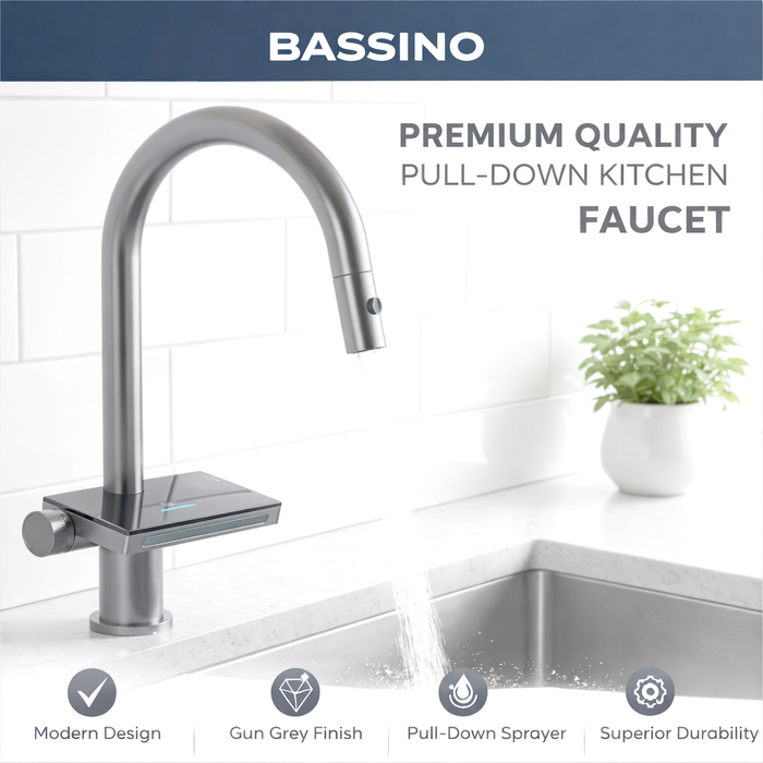 BASSINO Luxury Pull-Down Kitchen Faucet – Brass Body | Modern Kitchen Mixer Tap- 5 Years Warranty