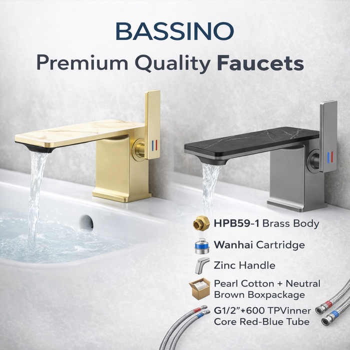 BASSINO Luxury Short Basin Mixer Tap Designer Faucet- 5 Years Warranty Brushed Gold