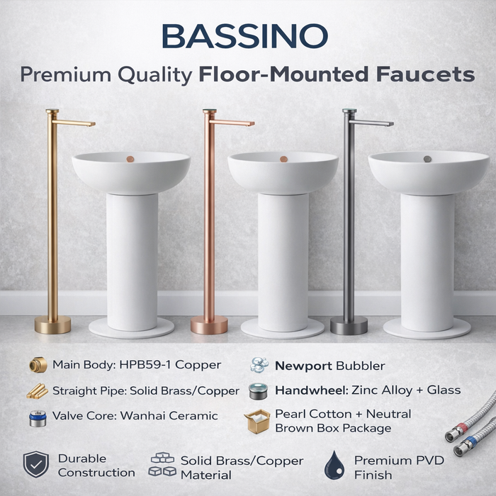 BASSINO Luxury Floor Standing Basin Mixer Tap | Designer Freestanding Faucet - 5 Years Warranty Brushed Gold
