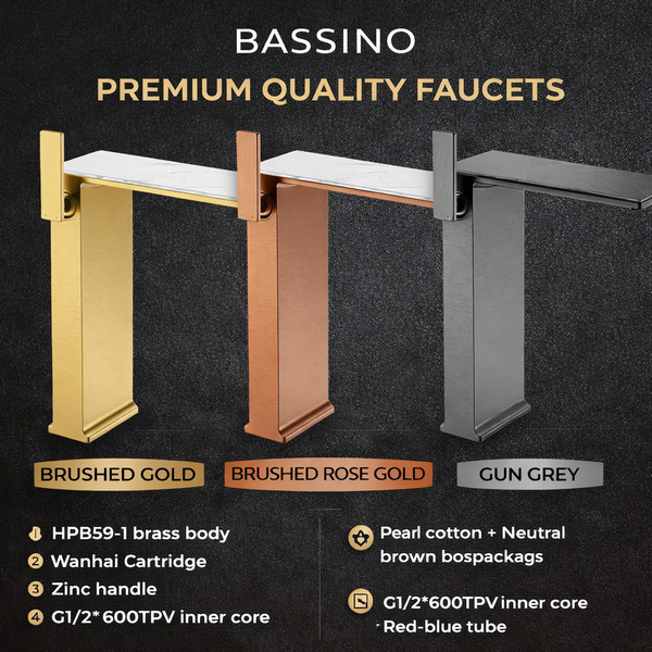 BASSINO Luxury Tall Basin Mixer Tap | Designer Premium Bathroom Faucet - 5 Years Warranty Brushed Gold