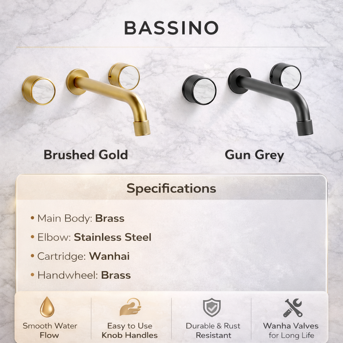 BASSINO Wall Mount Basin Mixer Tap with Dual White Accent Knobs – Brass Body | Premium Bathroom Faucet 5 Years Warranty Brushed Gold