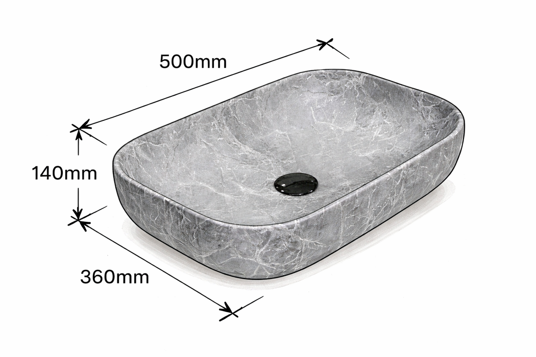 Premium Ceramic Table Top Wash Basin, Matt Marble Grey Finish (20 × 14.5 × 5.5 In) BTT-1842