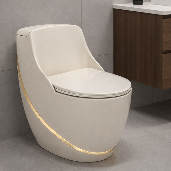 Luxury One-Piece Western Toilet with Gold Line | Designer Floor Mounted WC | Approx. 27 × 17 × 27 Inches White