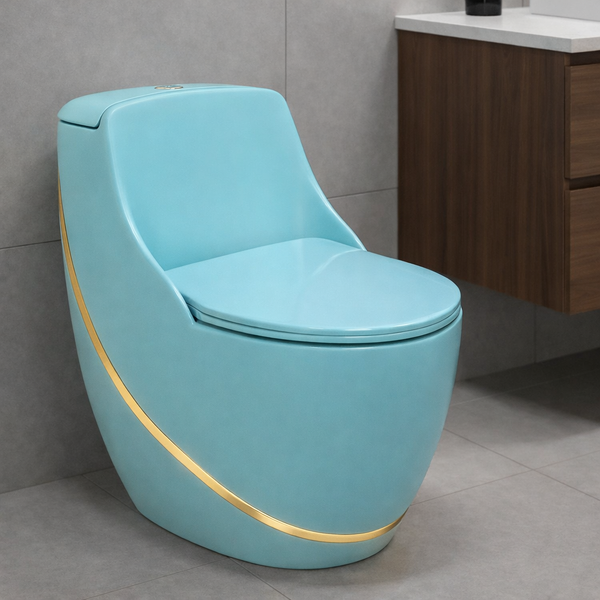 Luxury One-Piece Western Toilet with Gold Line | Designer Floor Mounted WC | Approx. 27 × 17 × 27 Inches Aqua Blue
