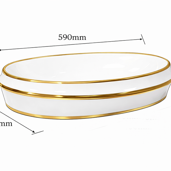 Bassino Luxury Round Counter Top Wash Basin with Gold Finish | Designer Table Top Basin | Approx. 23 × 16 × 6 Inches