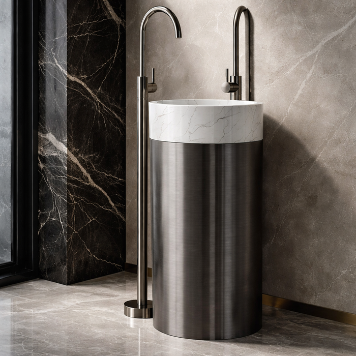 Premium Stainless Steel Pedestal Wash Basin with Natural Stone Top (16 x 16 x 34 In) Grey