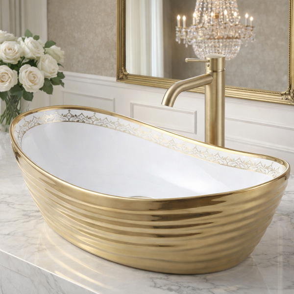 Premium Designer Ceramic Table Top Wash Basin, Black, Gold & Rose Gold Finish (22 x 14 x 6.5 In) Gold