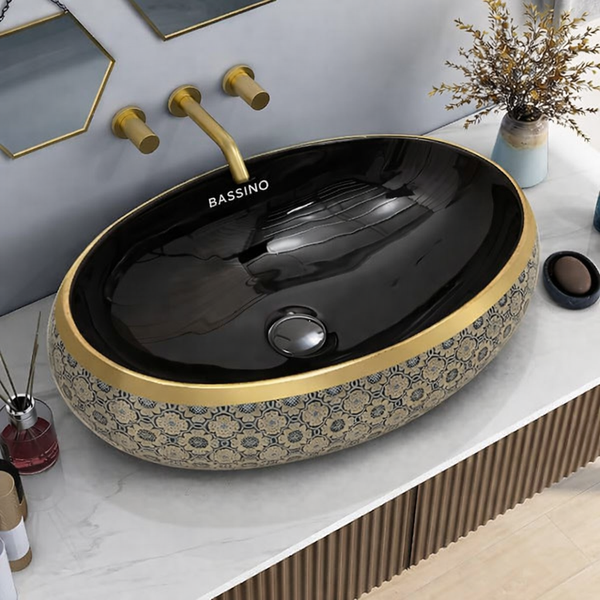Premium Ceramic Wash Basin (Black Gloss Finish, Gold Rim & Vintage Floral Pattern 24 x 16 x 6 In - AB012)