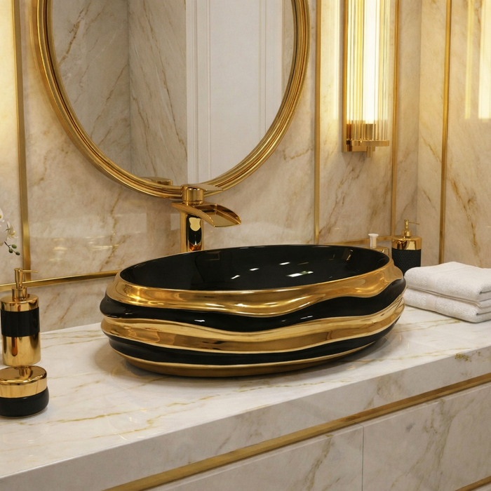 Luxury ceramic Oval Table Top Wash Basin | Black Glossy Basin with Gold Accents (22″ × 15″ × 6″ IN)