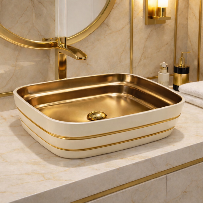 Luxurious bathroom vanity with gold and white sink, mirror, and toiletries.