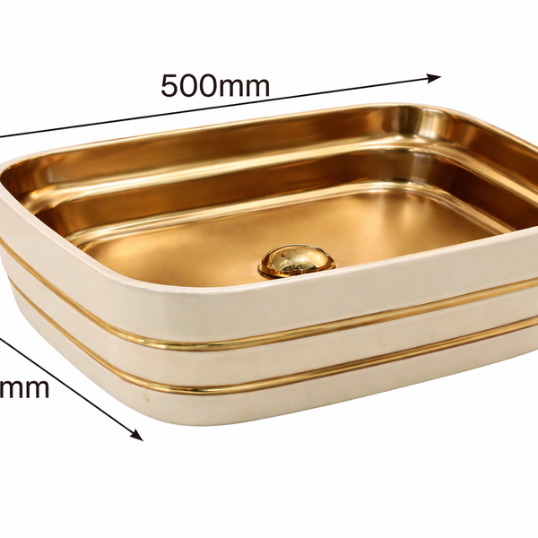Luxury Rectangular Table Top Wash Basin | Gold Designer Finish (20″ × 15″ × 6″ IN)