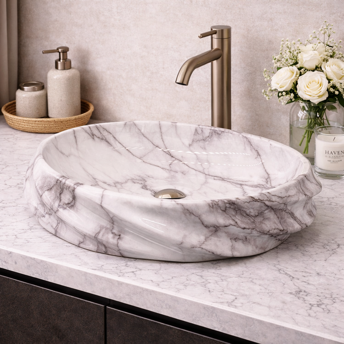 Glossy Marble Oval Countertop Wash Basin – (21" × 13" × 6" IN)
