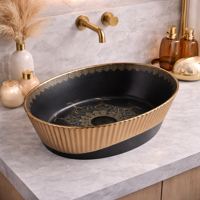 Luxury Oval Table Top Wash Basin – Matt Black with Rose Gold Pattern | Premium Designer Basin (20″ × 13″ × 6″ IN)