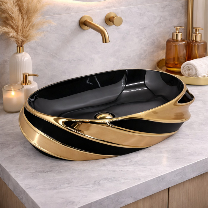 Luxury Oval Table Top Wash Basin | Black Glossy Basin with Rose Gold Accents (21″ × 13″ × 6″ IN)