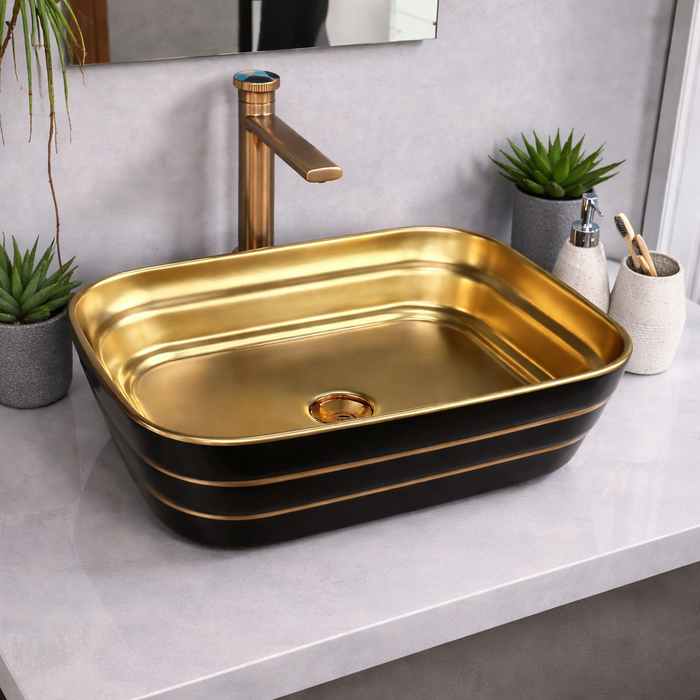 Luxury Rectangular Table Top Wash Basin | Matte Black & Gold Designer Finish (20″ × 15″ × 6″ IN)