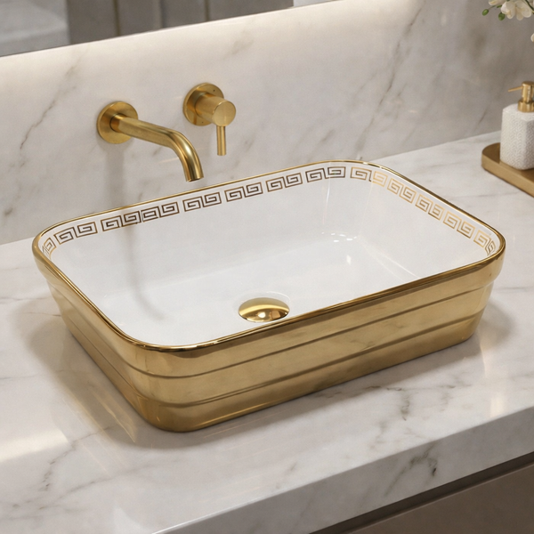 Designer Bathroom Sink with Golden Border & Glossy White Finish Rectangular Countertop Wash Basin (20" × 14" × 5" IN)