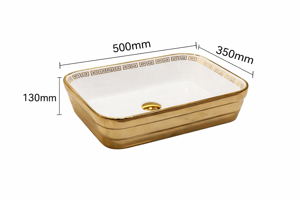 Designer Bathroom Sink with Golden Border & Glossy White Finish Rectangular Countertop Wash Basin (20" × 14" × 5" IN)