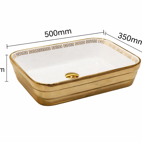 Designer Bathroom Sink with Golden Border & Glossy White Finish Rectangular Countertop Wash Basin (20" × 14" × 5" IN)