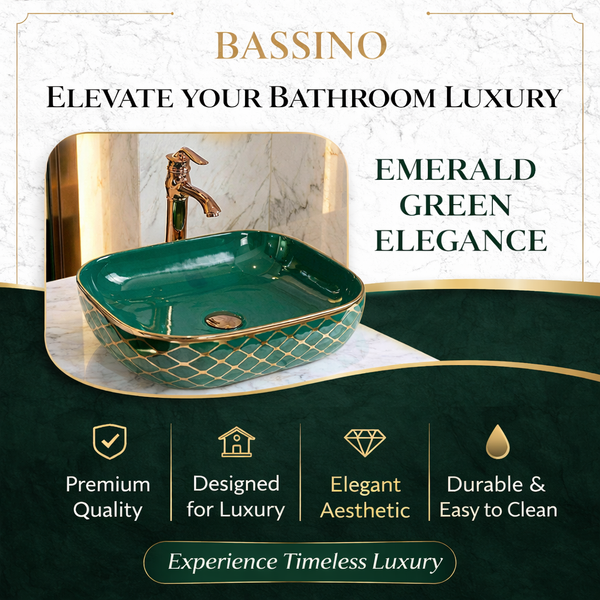 Luxury Green & Gold Countertop Wash Basin | Designer Table Top Basin (18" × 13" × 5" IN)