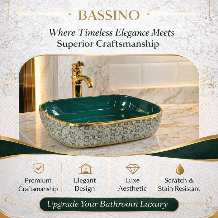 Designer Luxury Green & Gold Countertop Table Top Wash Basin |  (18" × 13" × 5" IN)