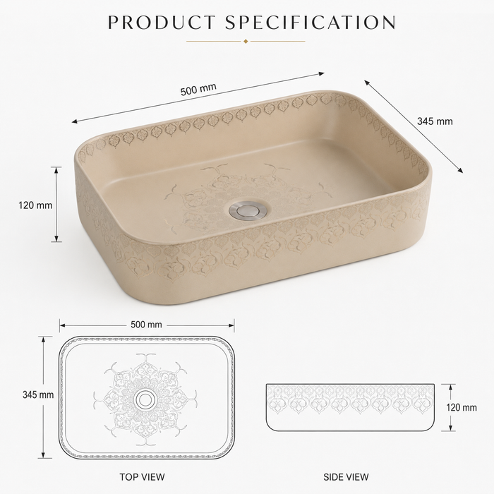 Beige Designer Table Top Wash Basin – 19.7 × 13.6 × 4.7 Inch | Decorative Countertop Basin