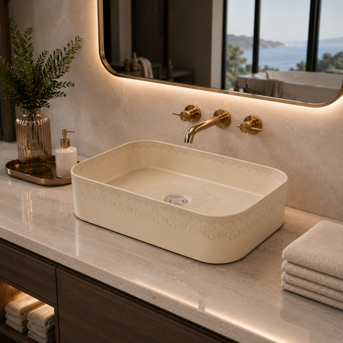 Beige Designer Table Top Wash Basin – 19.7 × 13.6 × 4.7 Inch | Decorative Countertop Basin