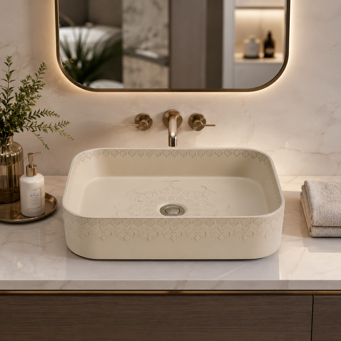 Beige Designer Table Top Wash Basin – 19.7 × 13.6 × 4.7 Inch | Decorative Countertop Basin