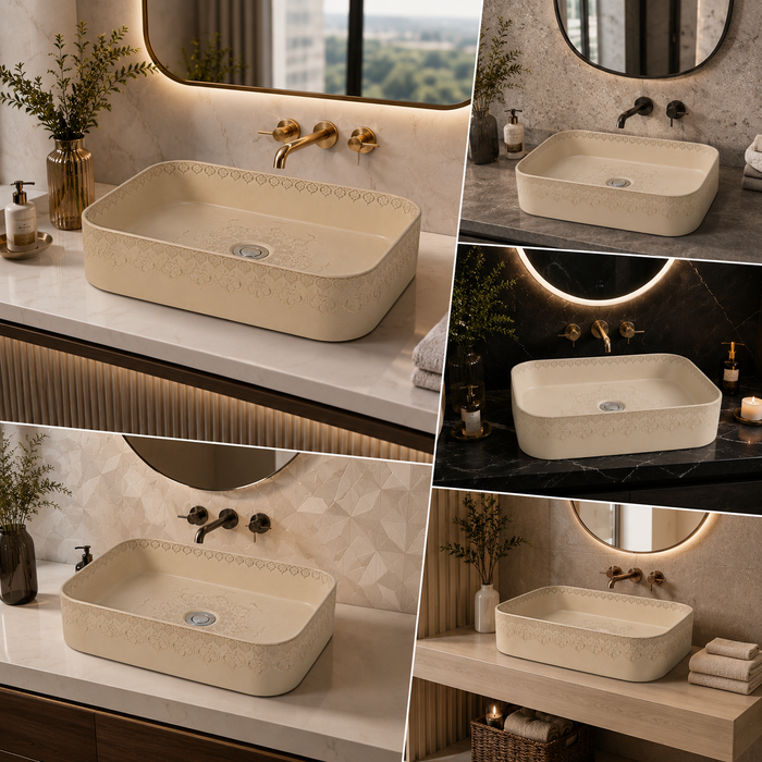 Beige Designer Table Top Wash Basin – 19.7 × 13.6 × 4.7 Inch | Decorative Countertop Basin
